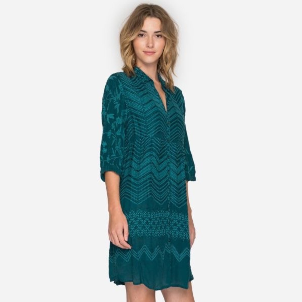 Johnny Was Teal Patterned Split-Neck Tunic Dress - Women Tops